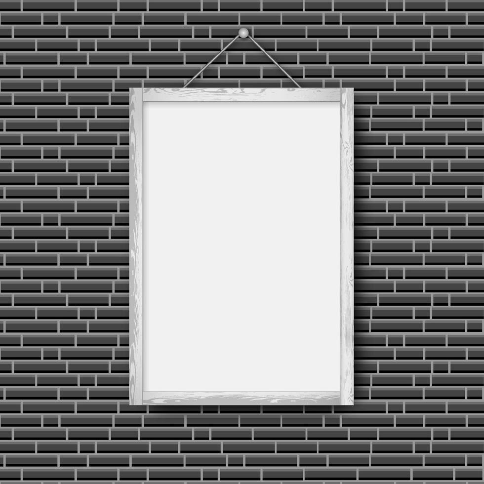 Black photo frame on black brick wall background. vector