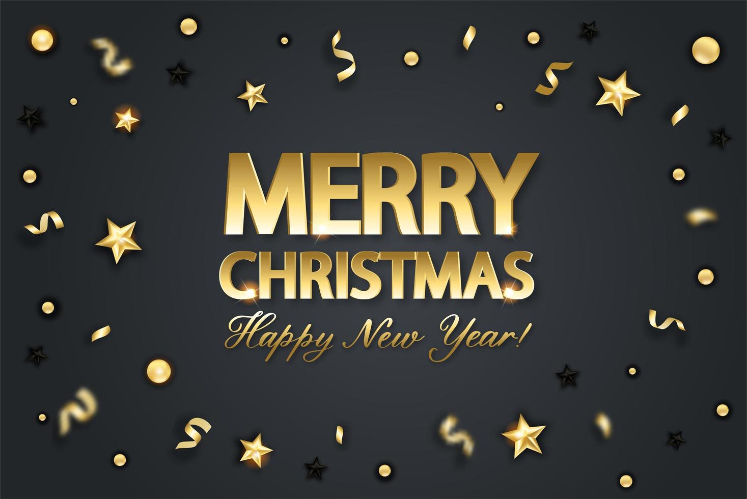 Christmas background with shining gold star and confetti. Merry Christmas card illustration on black background. vector
