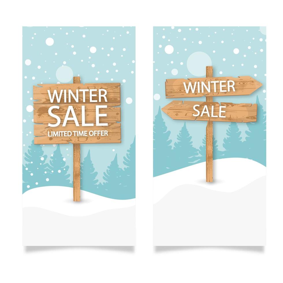 Set of wooden sign winter sale banner template. vector