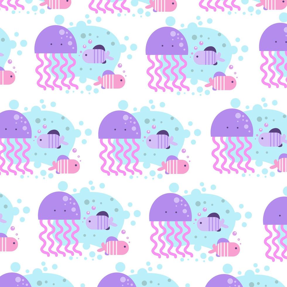 Vector seamless pattern with jellyfish, fish in underwater