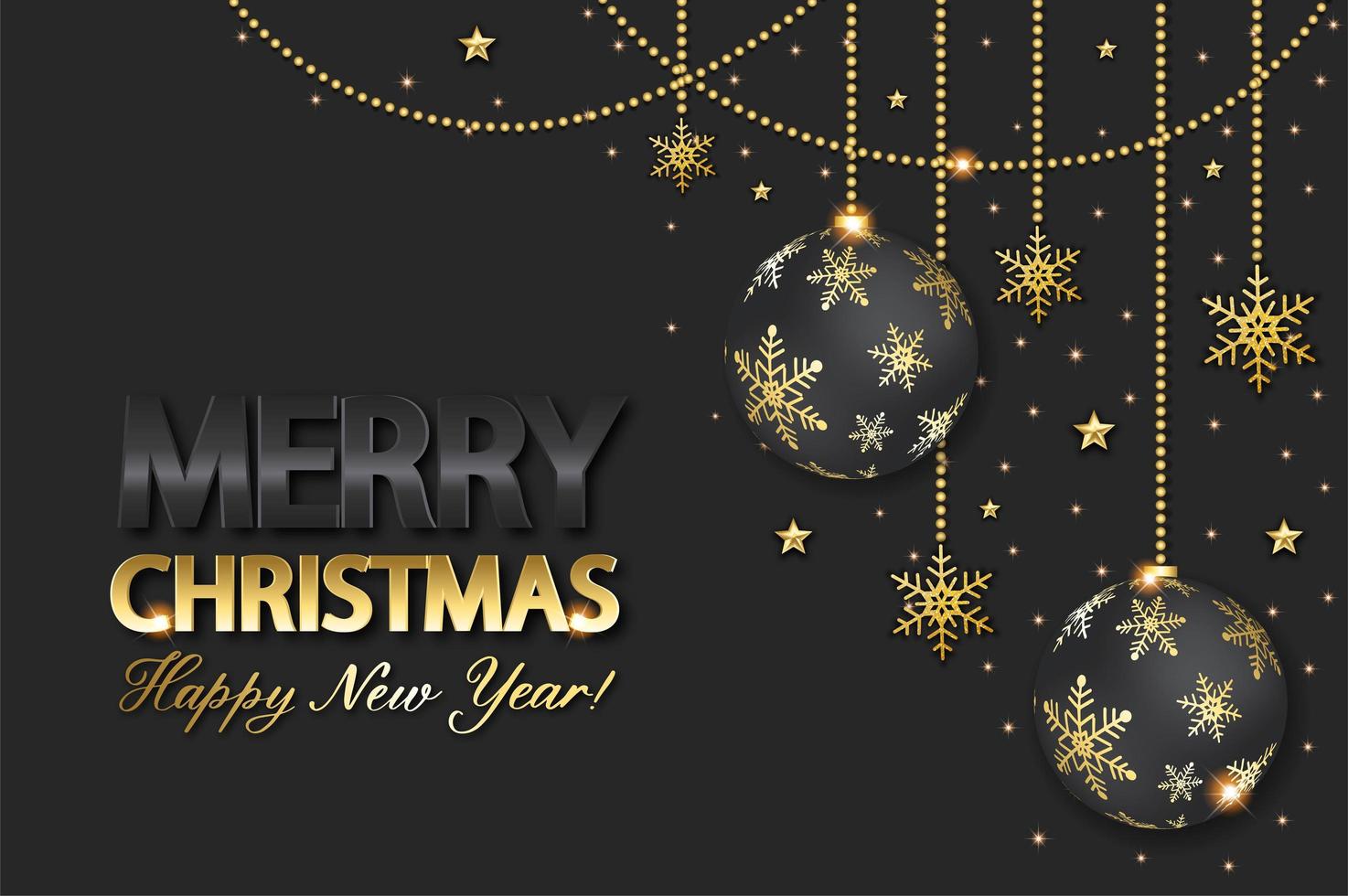 Christmas background with shining gold snowflake, star and ball. Merry Christmas card illustration on black background. vector