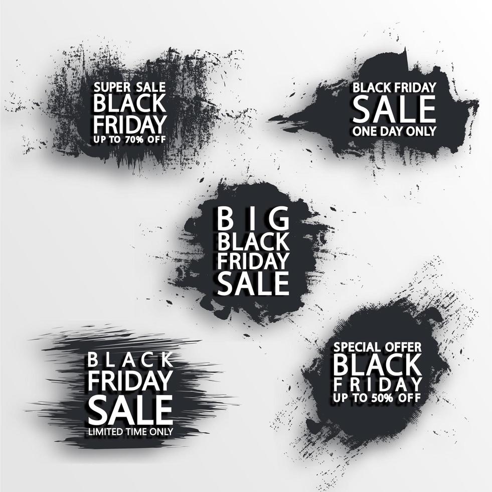 Set of five black brush strokes with flare. Black friday vector sale templates. Grunge abstract black rough brush strokes.