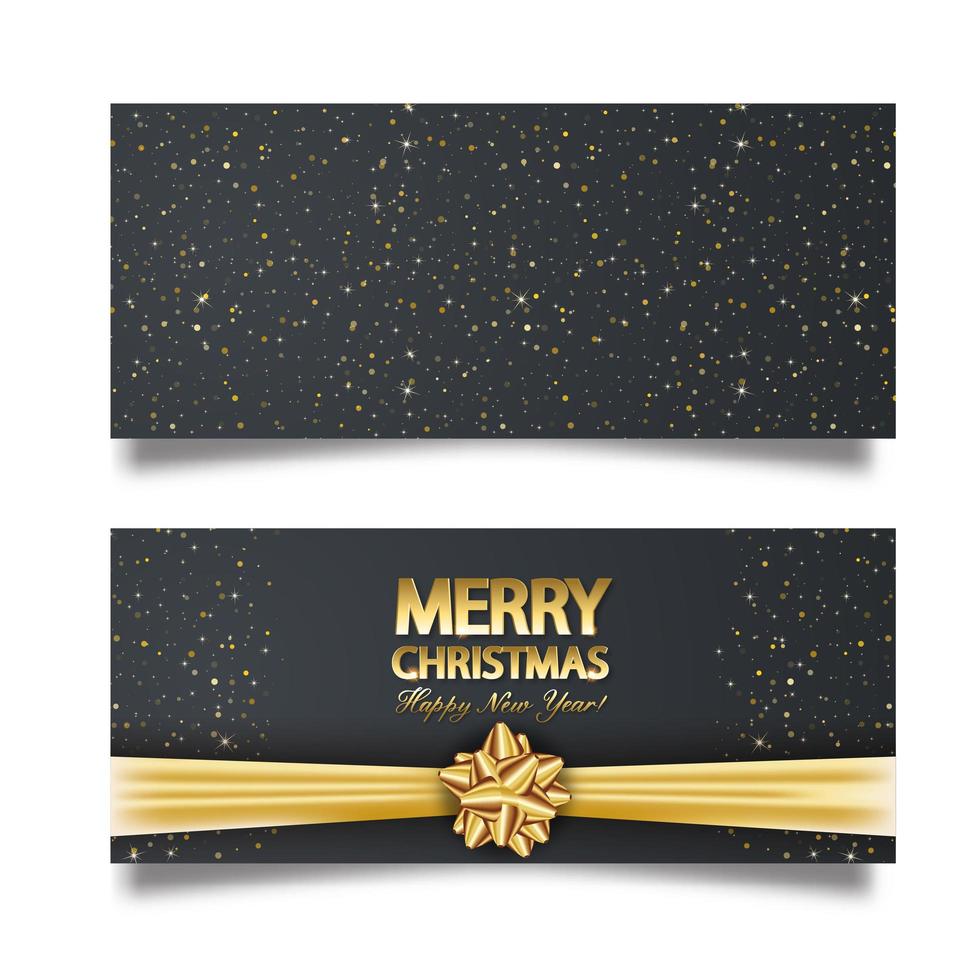 Christmas banner with shining gold snowflake, star and confetti. Merry Christmas card illustration on black background. vector