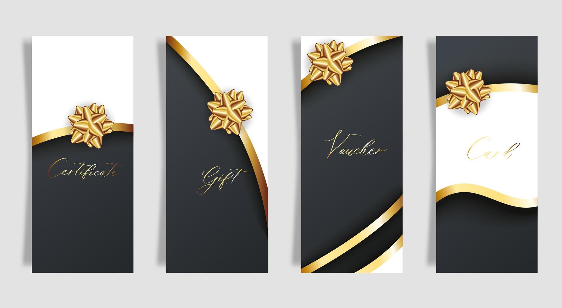 juego de tarjetas negras de lujo con arcos de regalo dorados con cintas. vector