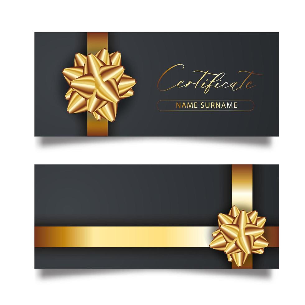 Set of luxury black cards with gold gift bows with ribbons. vector