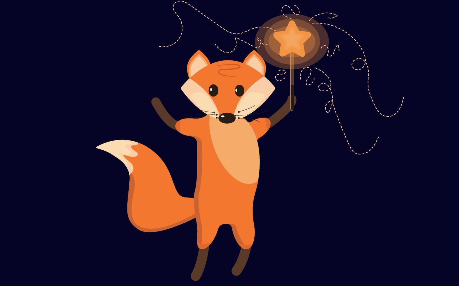Cute orange cartoon fox with magic wand . Vector illustration
