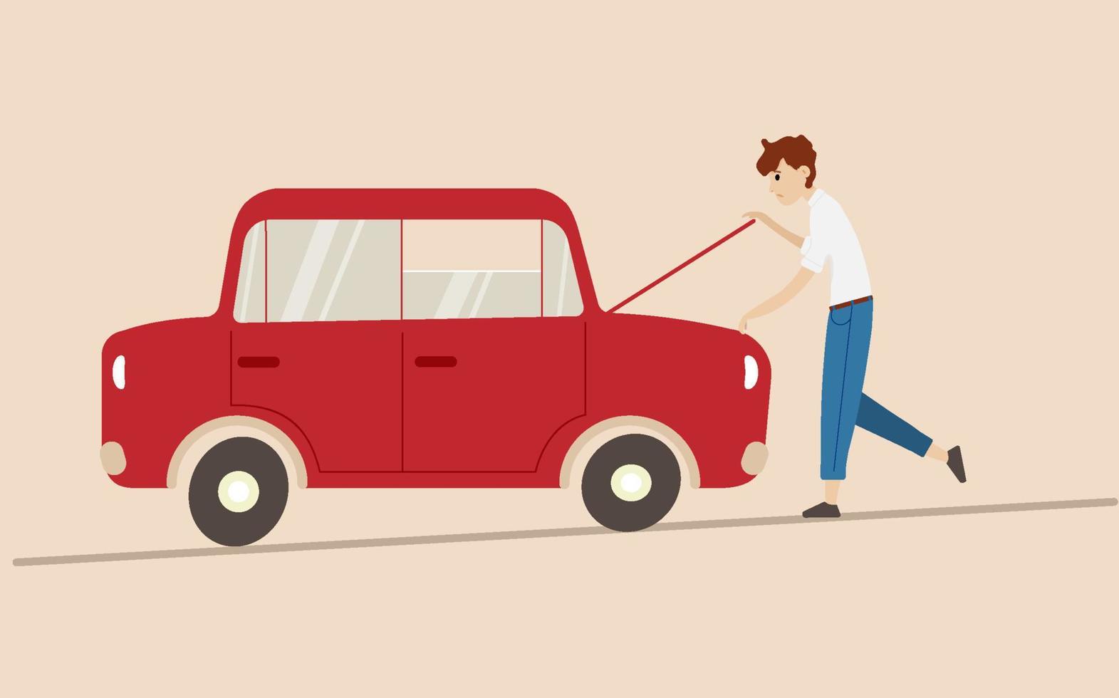 Red old car broke down, young driver is repairing. Vector illustration