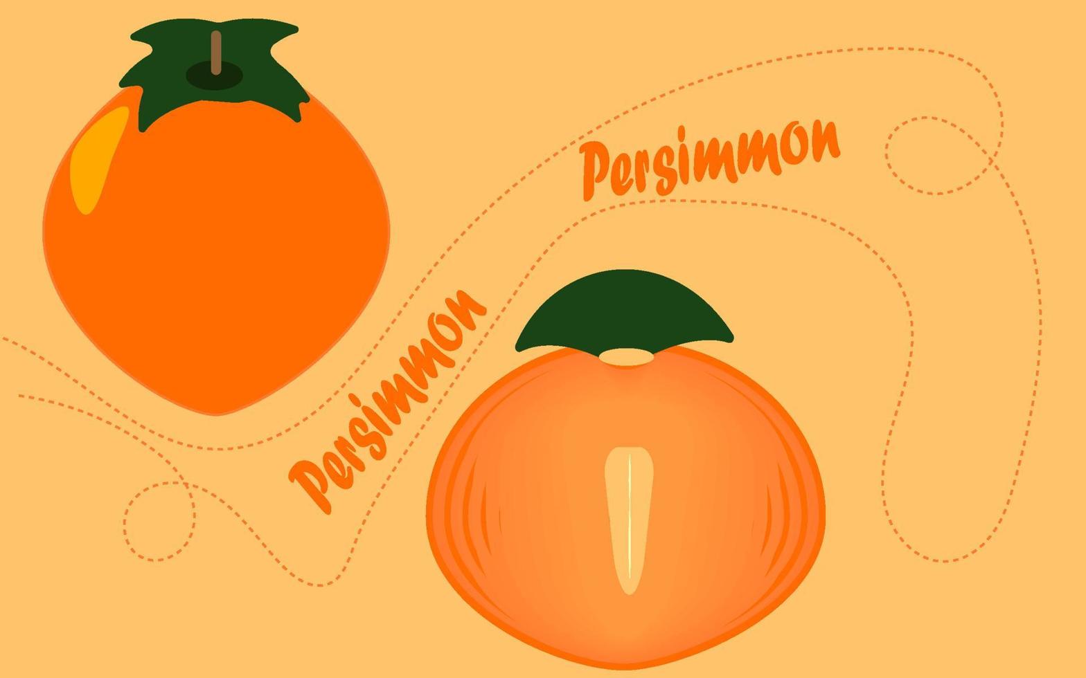 Persimmon whole and half. Orange fruit. Flat. Vector illustration