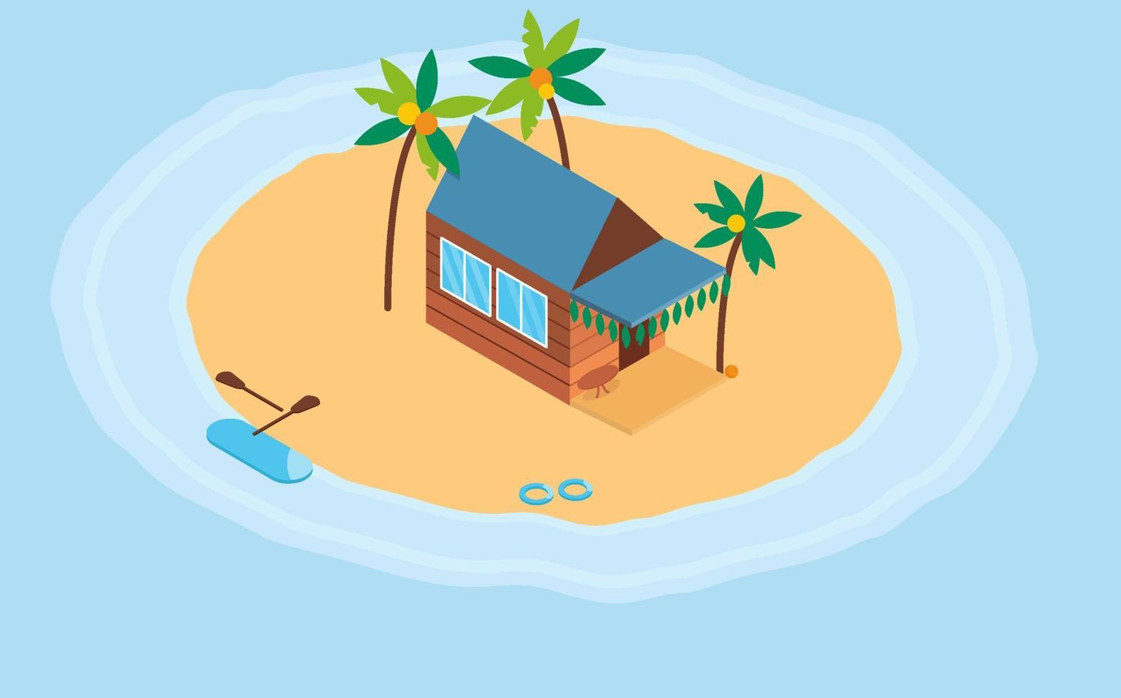 Isometric wooden house by the sea near palm trees. Vector illustration