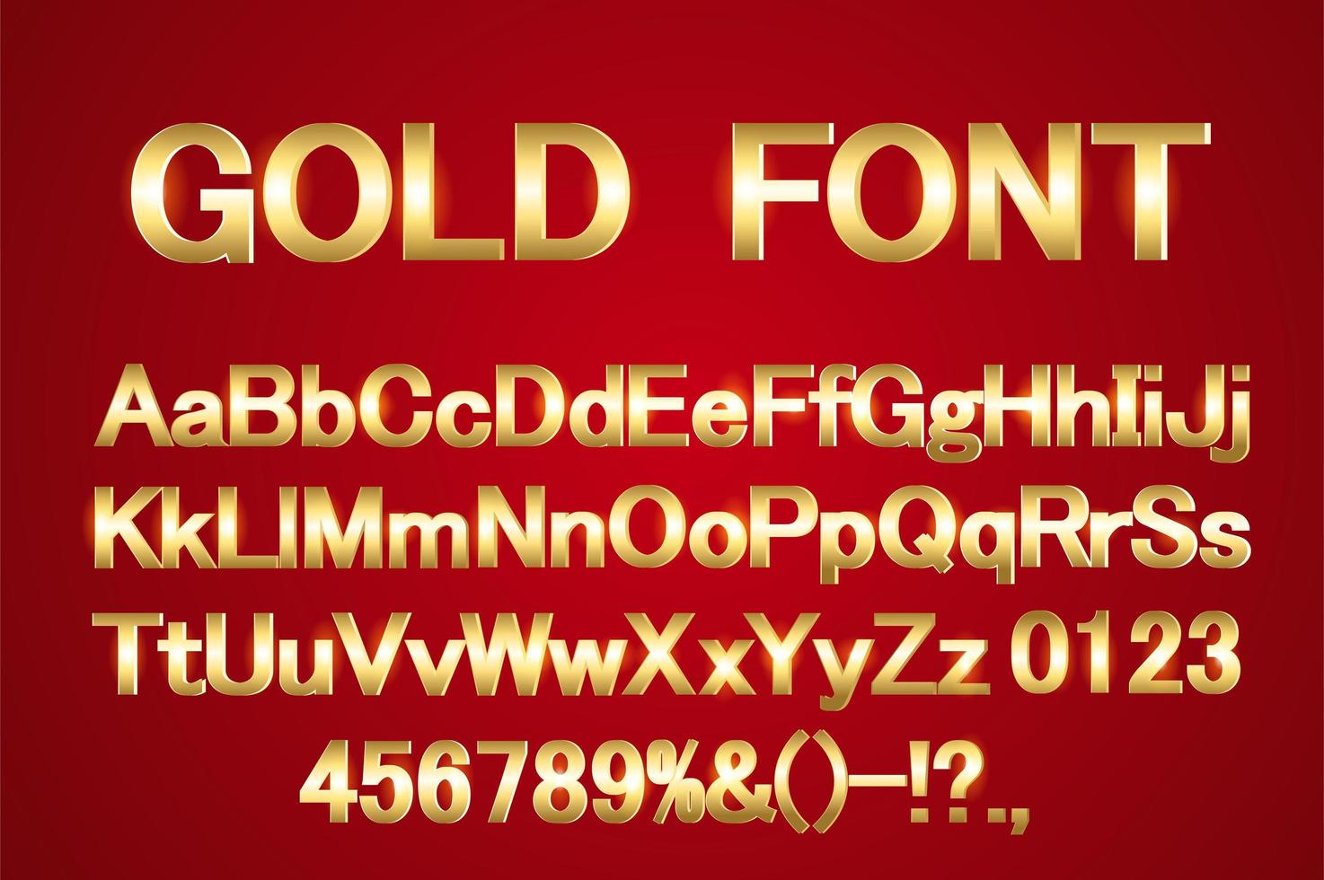 fuente de oro moderna brillante aislada sobre fondo rojo. números y letras 3d dorados antiguos. vector