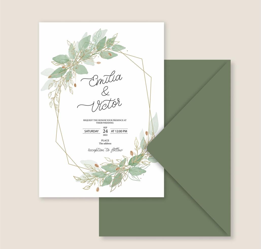 elegante hoja verde en la plantilla de la tarjeta de invitación de boda. vector