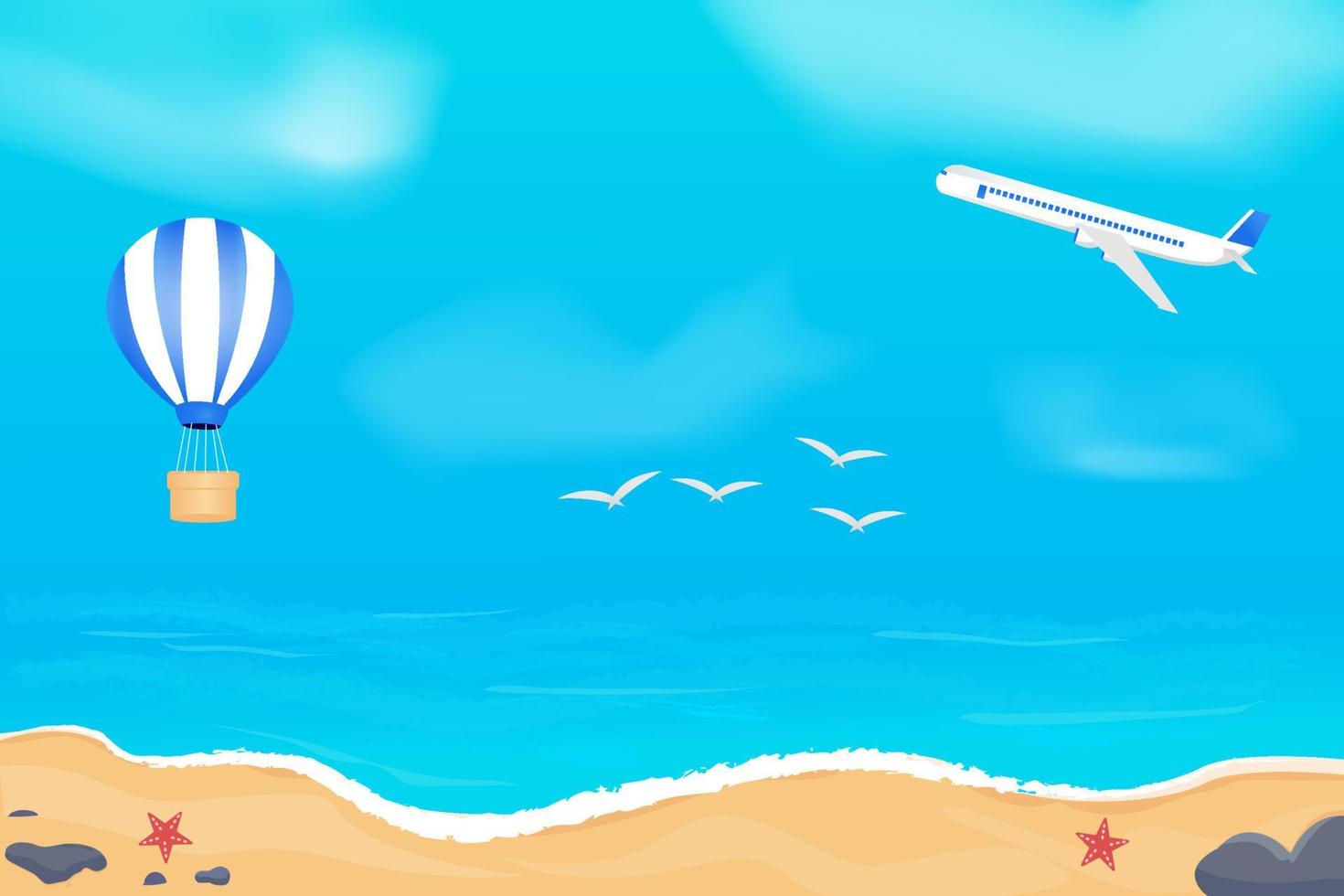 fondo de verano con concepto de playa con elementos de avión y globos de aire vector