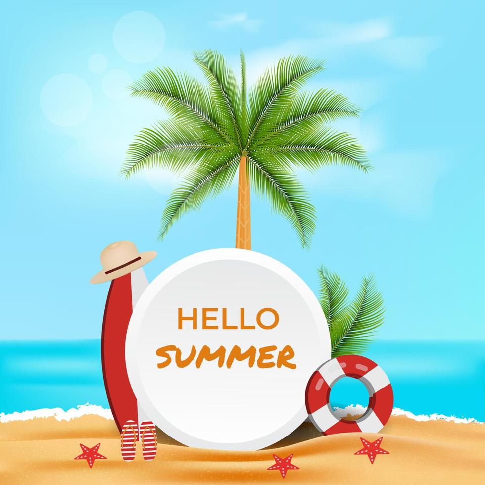 Summer beach graphic design illustration with hat, board and buoy elements vector