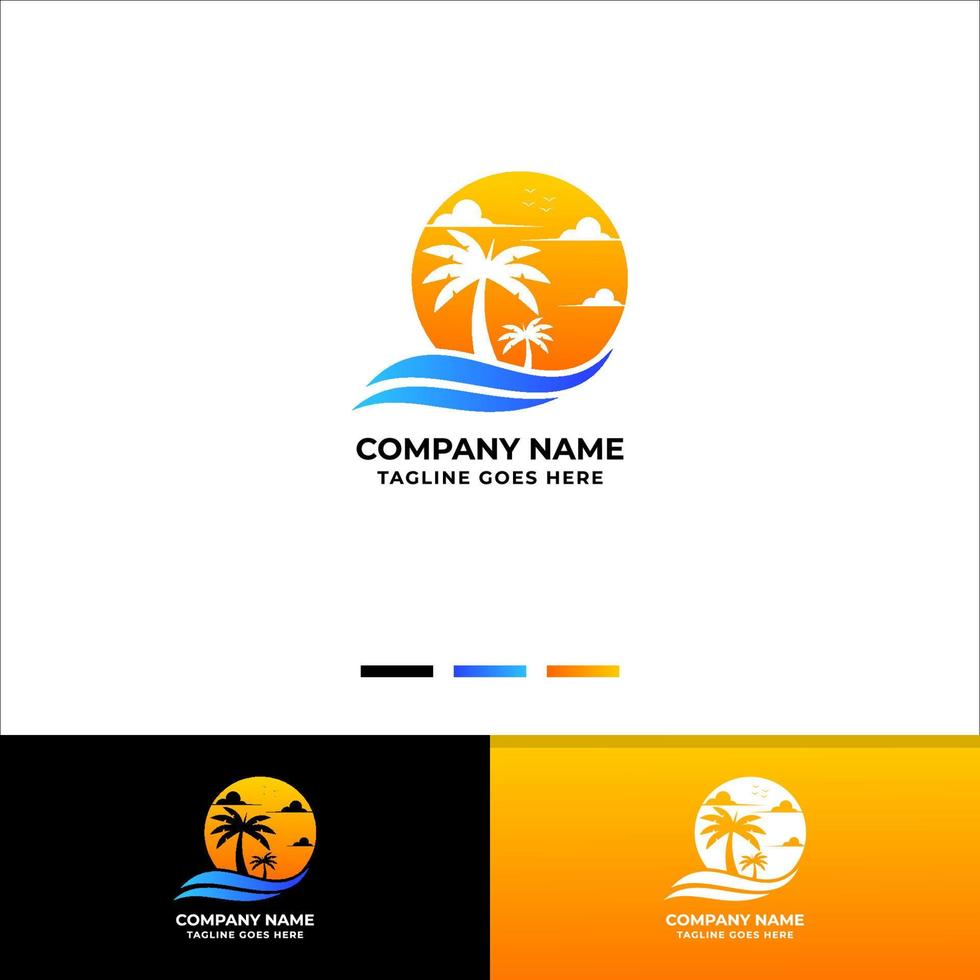 Sunset on the sea with waves and coconut tree logo vector