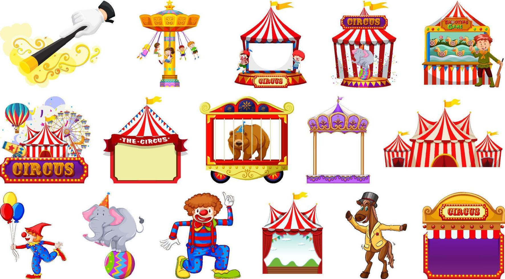 conjunto de personajes de circo y elementos del parque de atracciones. vector