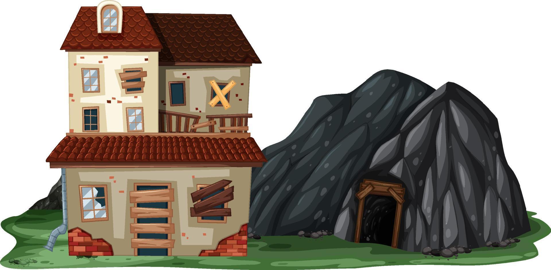 An abandoned house with a rock cave on white background vector