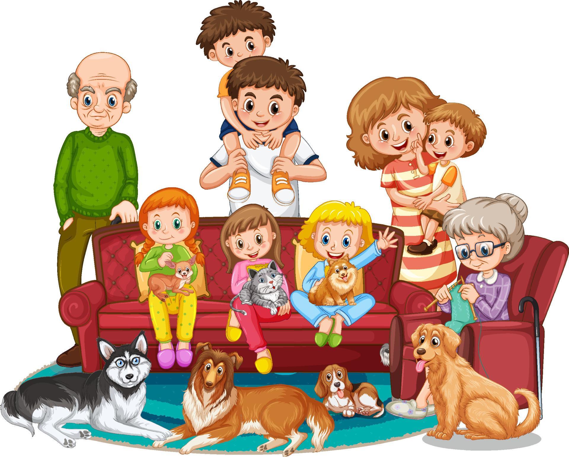 Big family members with many dogs 5094161 Vector Art at Vecteezy
