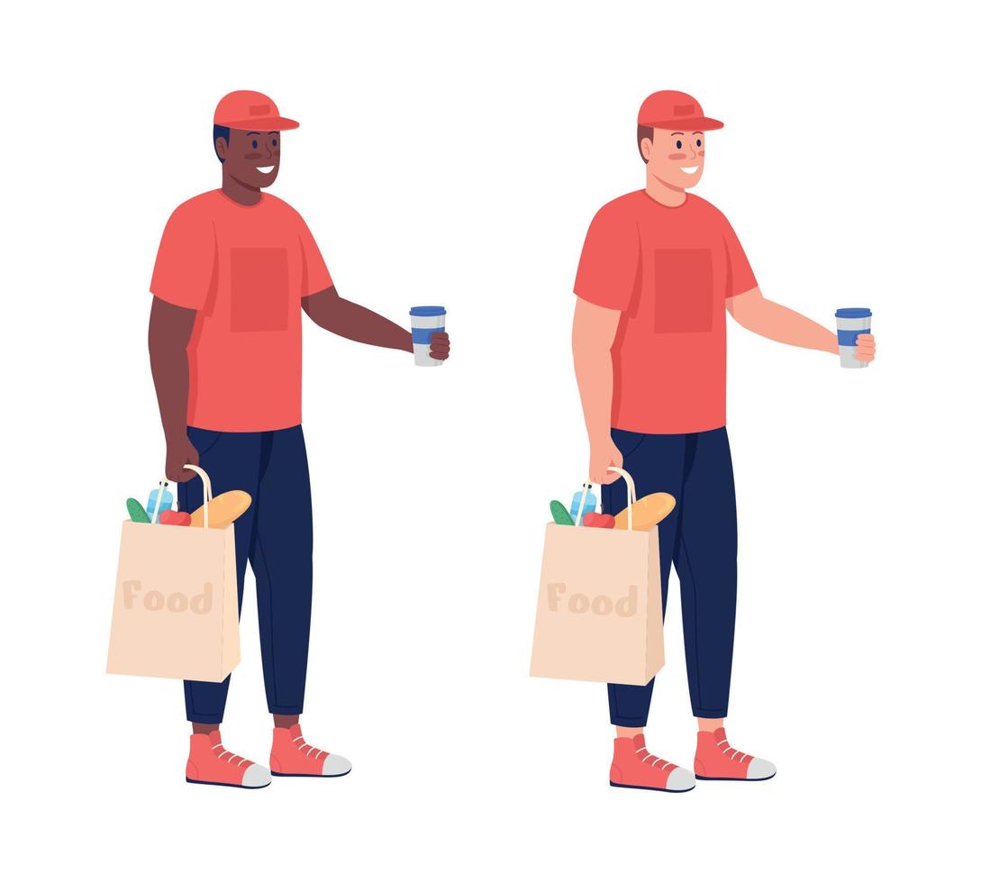 Delivery worker with food semi flat color vector character set