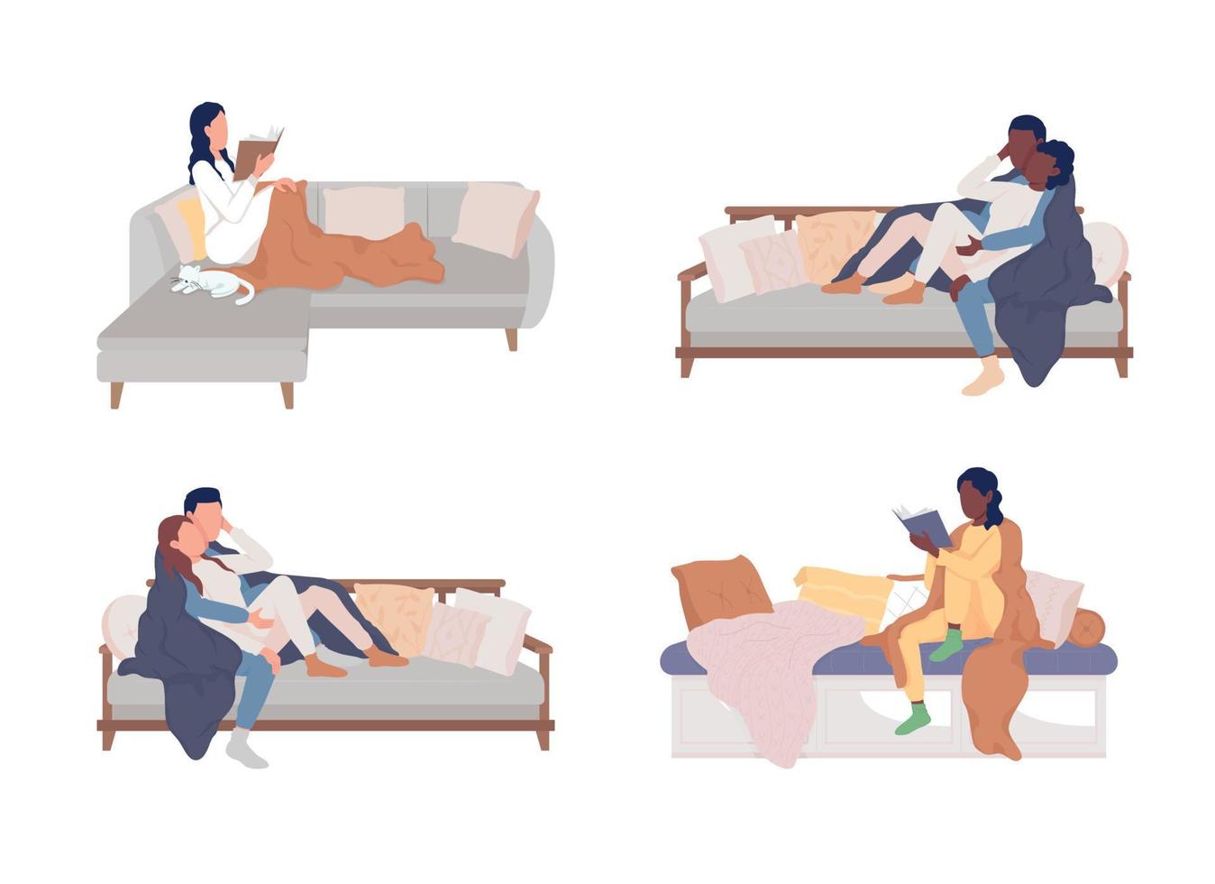 Resting on couch semi flat color vector characters set