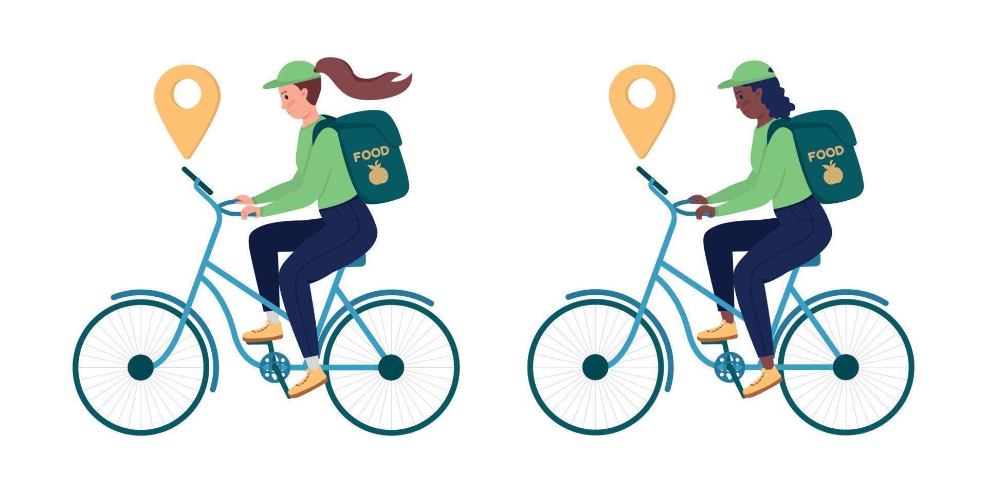 Delivery woman on bike semi flat color vector character set