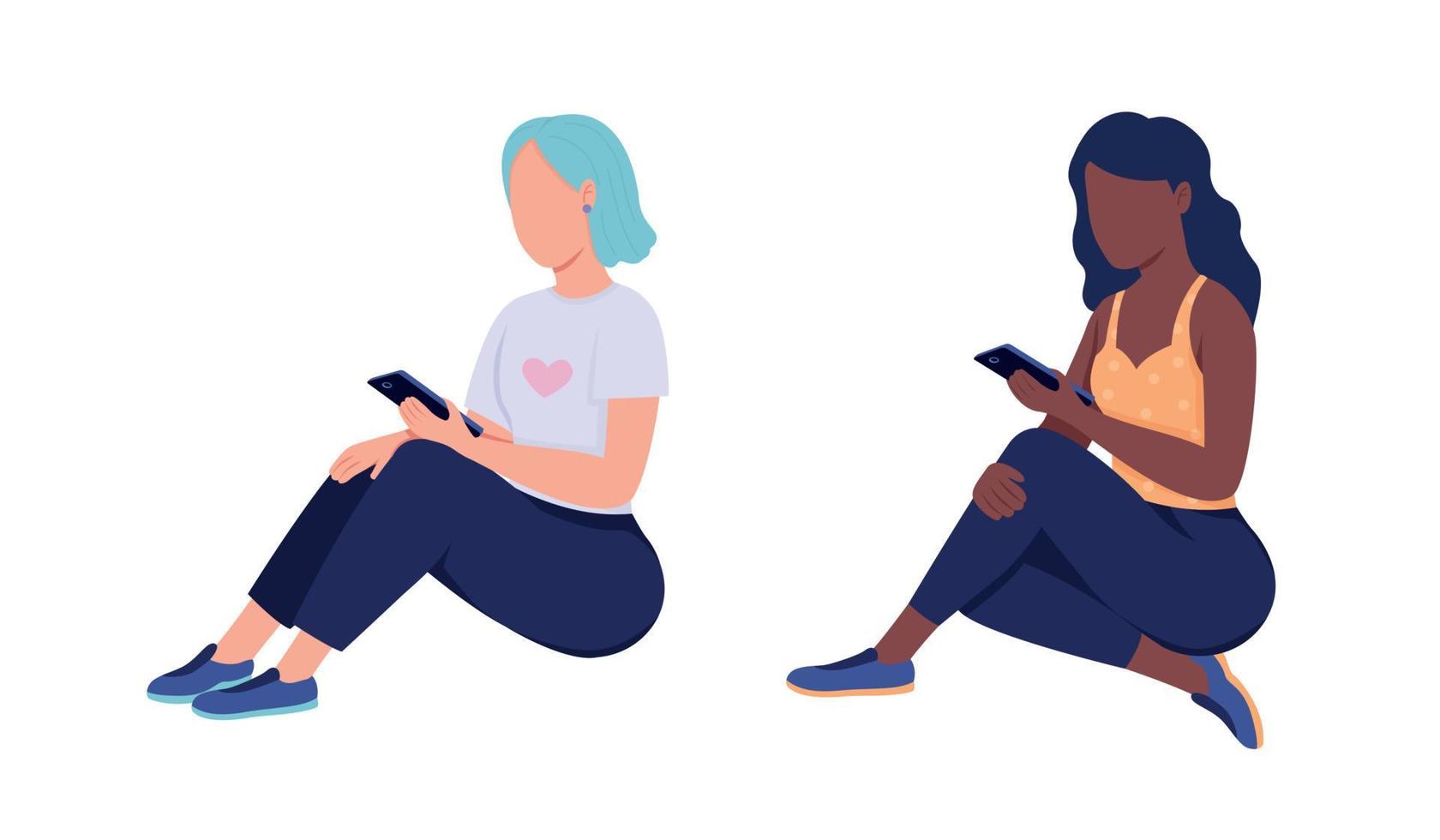 Girls with smartphones semi flat color vector characters set