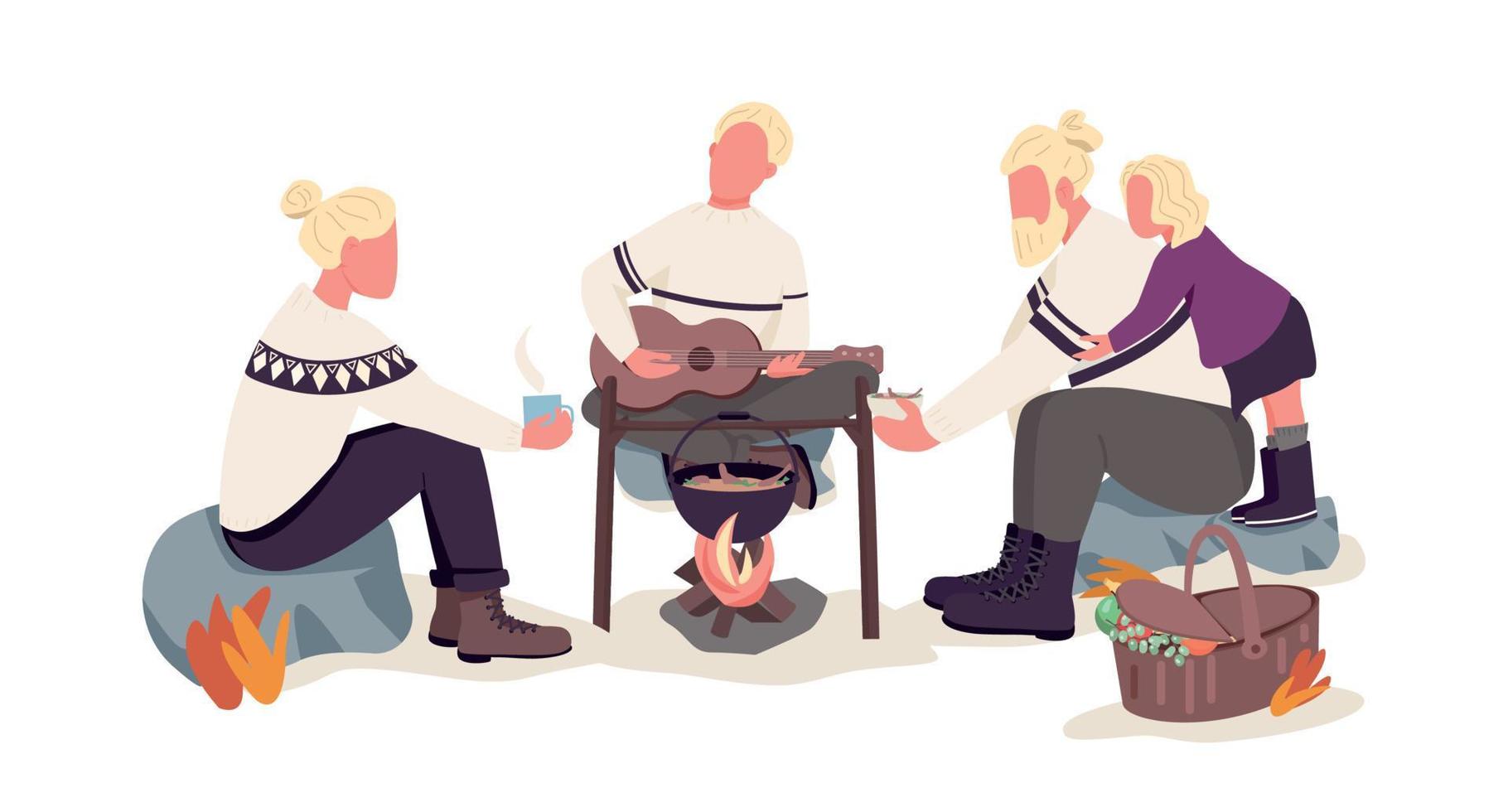 Nordic family camping semi flat color vector characters