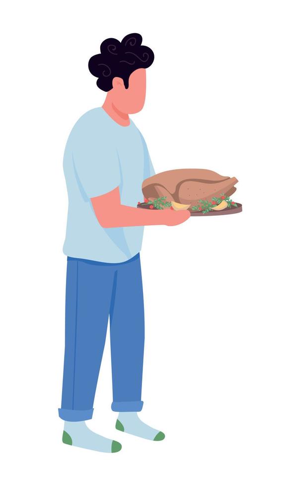 hombre que sostiene la bandeja con el carácter de vector de color semiplano de pavo