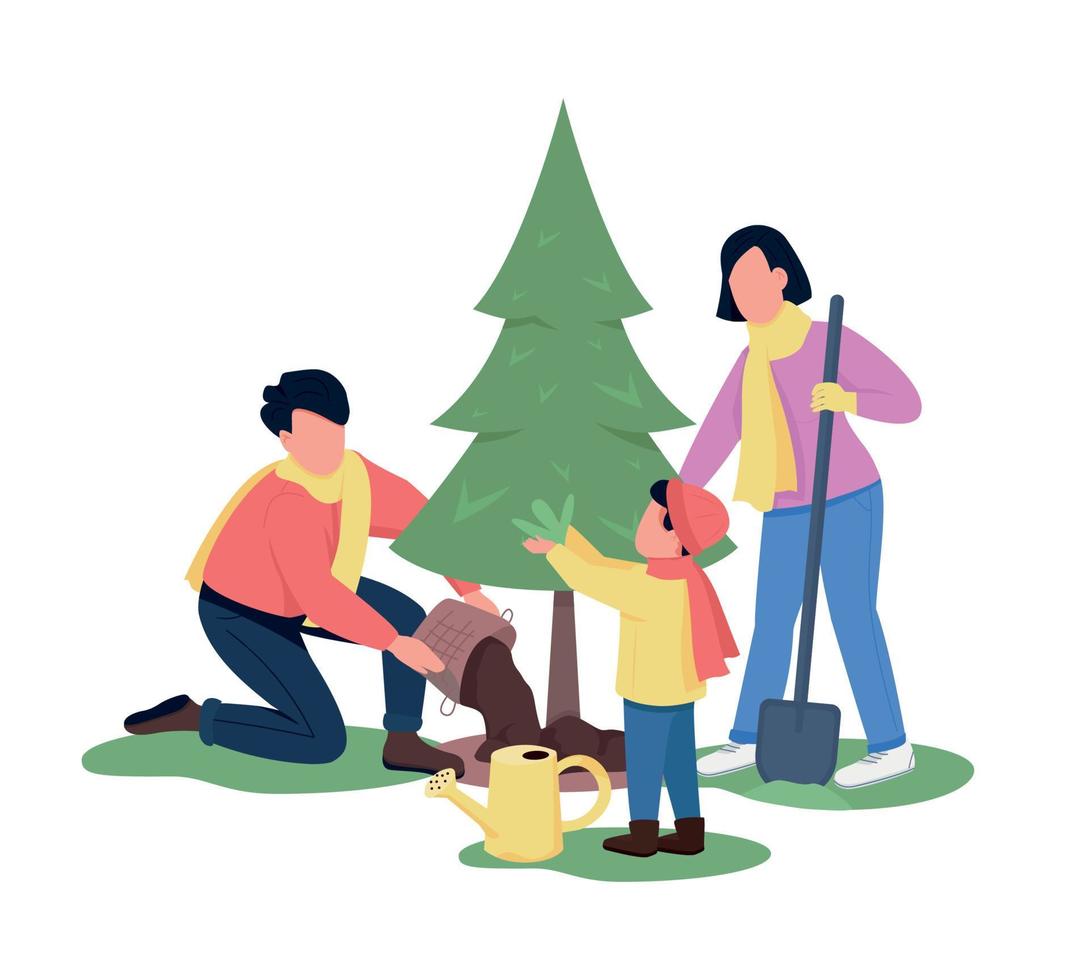 Family planting pine tree semi flat color vector characters