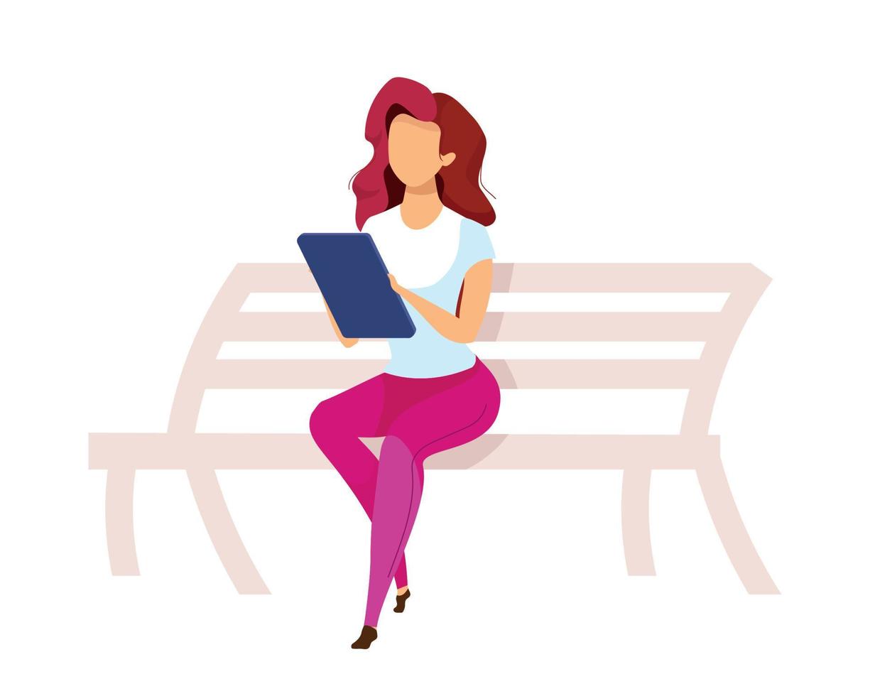 mujer trabaja en tableta al aire libre semi plano color vector carácter