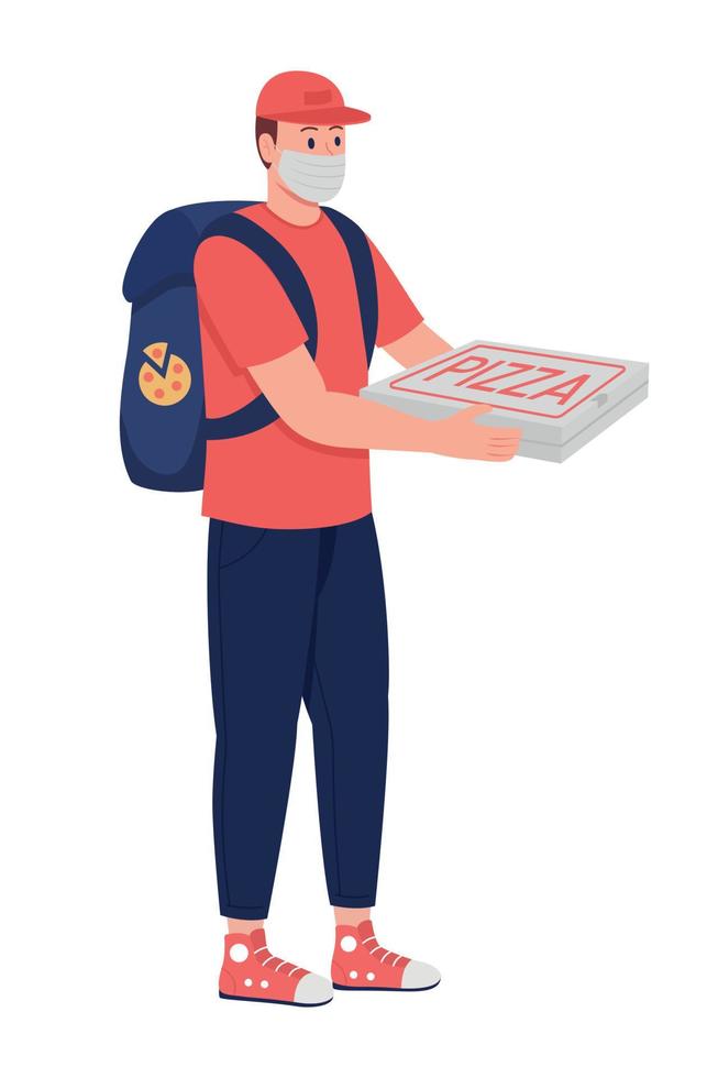 Courier in mask with pizza semi flat color vector character