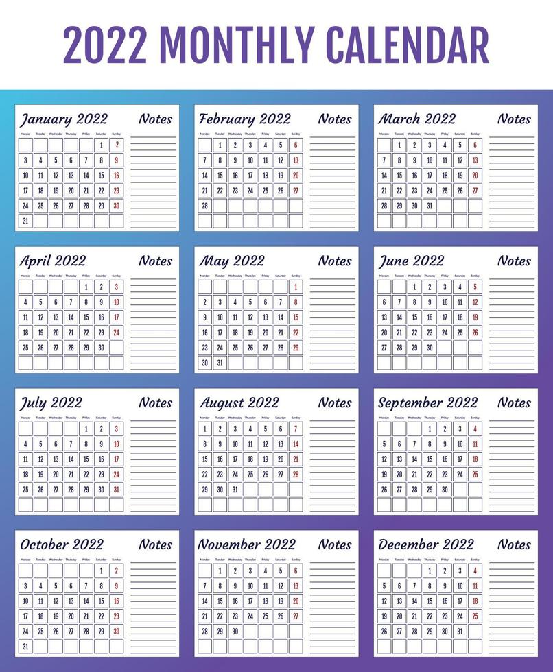 2022 Monthly Calendar, Monday Start,  US Letter size, Landscape Orientation vector