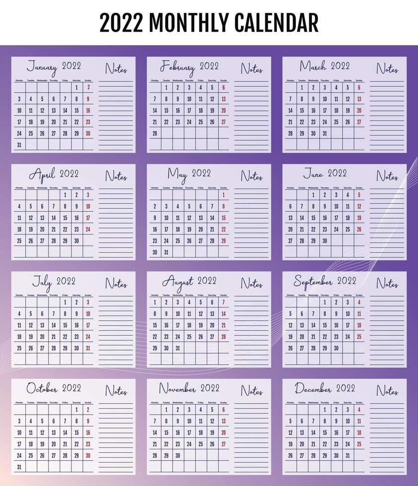 2022 Monthly Calendar, Monday Start,  US Letter size, Landscape Orientation vector