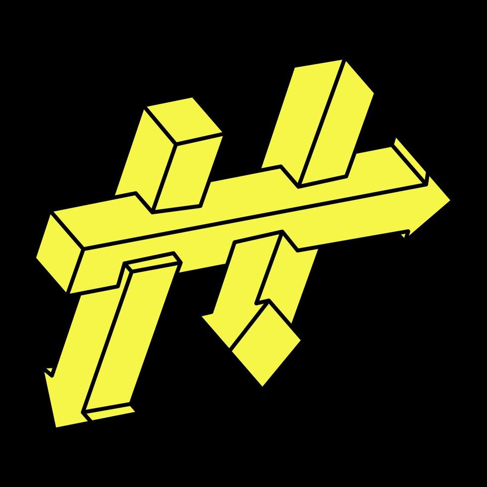Optical illusion objects. Impossible shape. Arrows isolated on a black background. Vector illustration.  Optical art. Unreal geometric figures. Escher paradox.