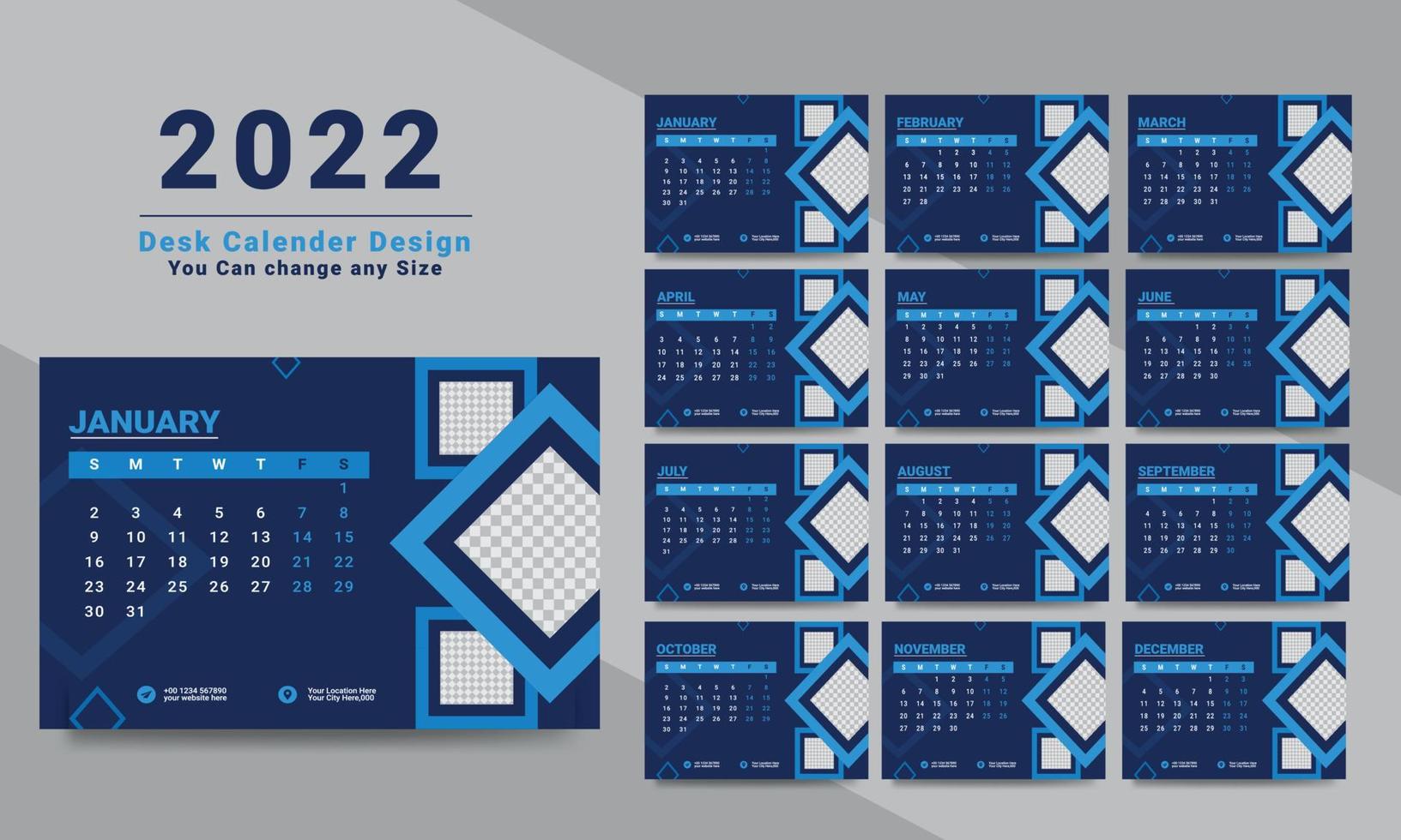 diseño de calendario de escritorio 2022 conjunto de plantillas de 12 meses, la semana comienza el domingo, diseño de papelería, planificador de calendario vector