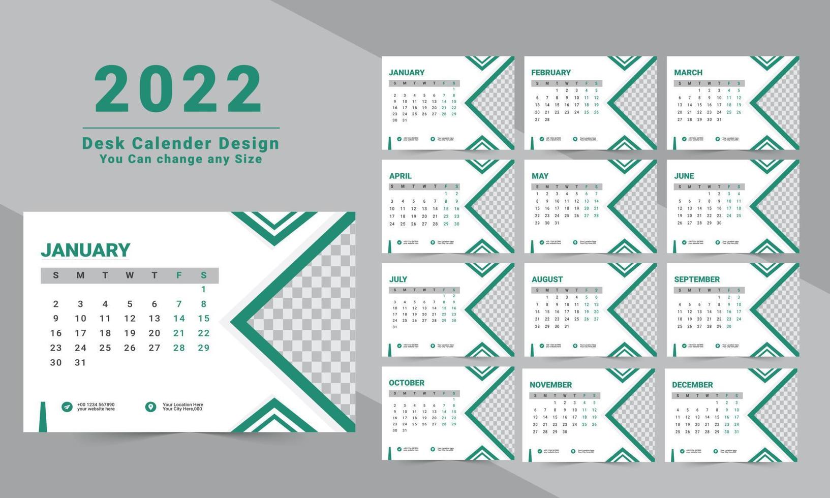 diseño de calendario de escritorio 2022 conjunto de plantillas de 12 meses, la semana comienza el domingo, diseño de papelería, planificador de calendario vector