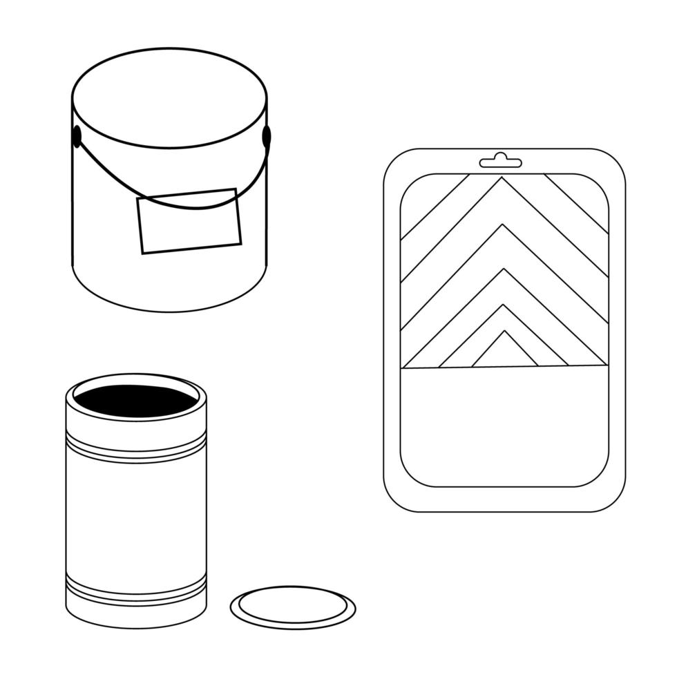 conjunto de iconos de línea de lata, cubo y bandeja de pintura. ilustración para el tema de la reparación, estilo garabato vector