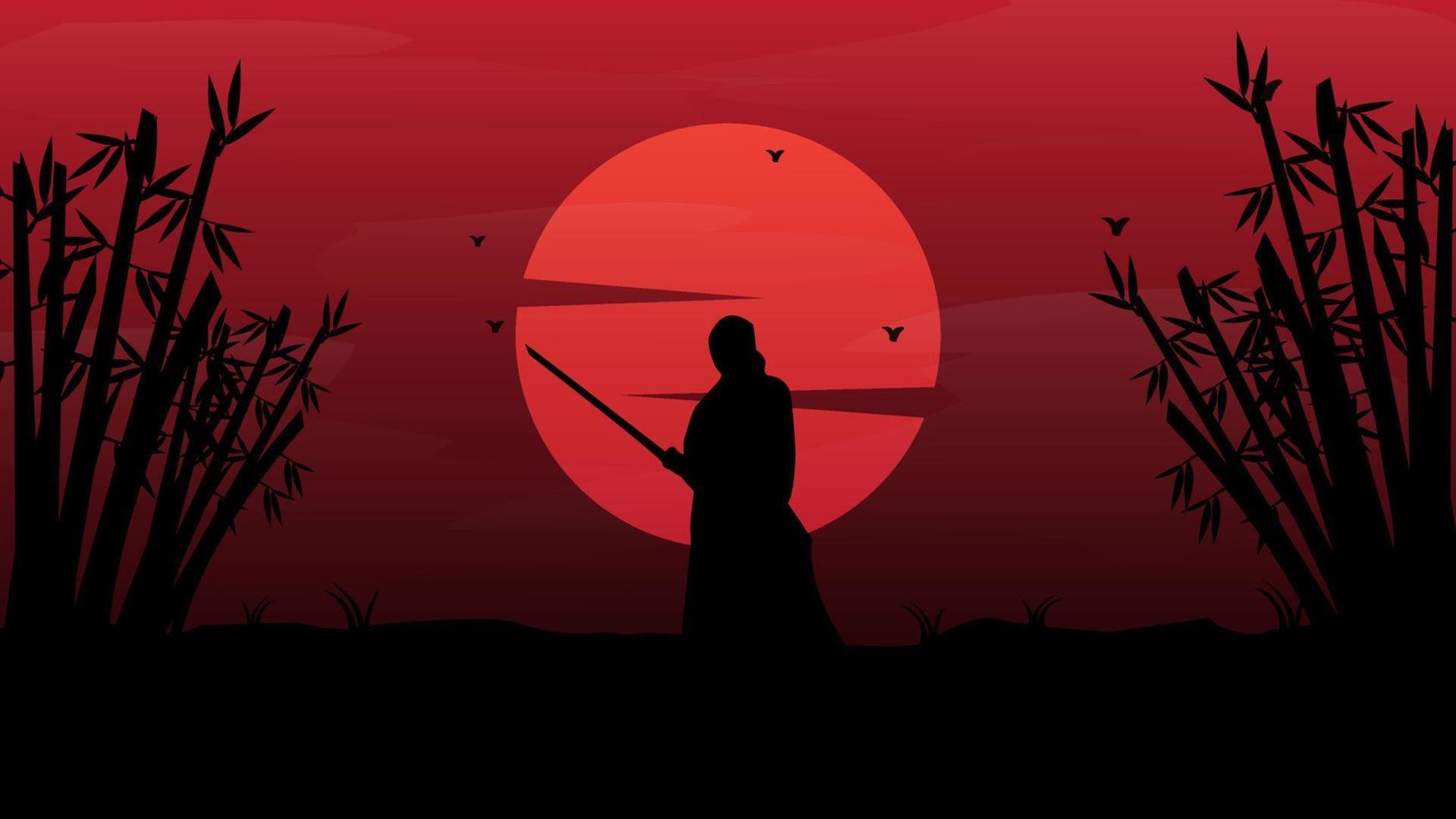 Samurai japanese landscape vintage vector silhouette