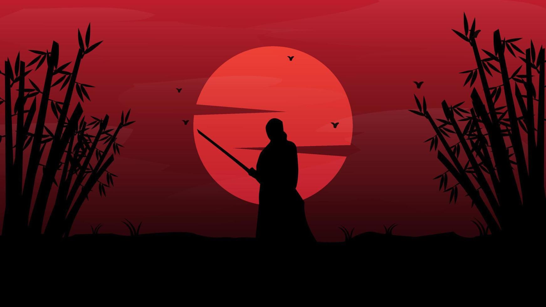 samurai japonés paisaje vintage vector silueta