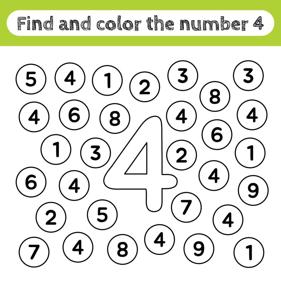 Learning worksheets for kids, find and color numbers. Educational game to  recognize the shape of the number 4. 5096060 Vector Art at Vecteezy