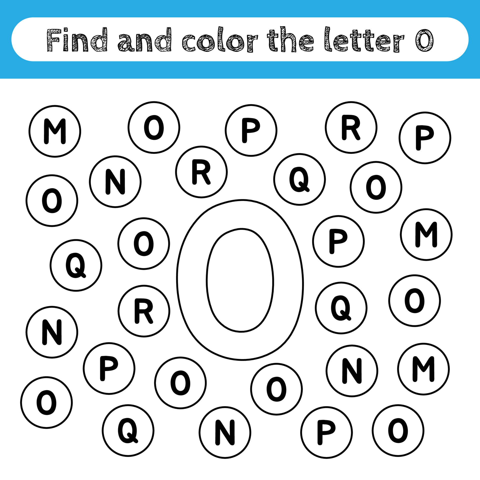 Learning worksheets for kids, find and color letters. Educational game