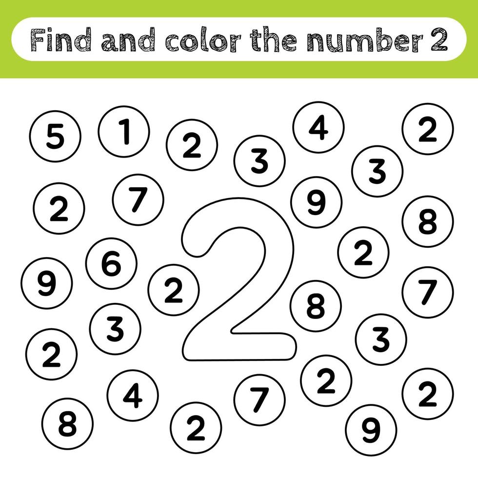 Learning worksheets for kids, find and color numbers. Educational game to recognize the shape of the number 2. vector