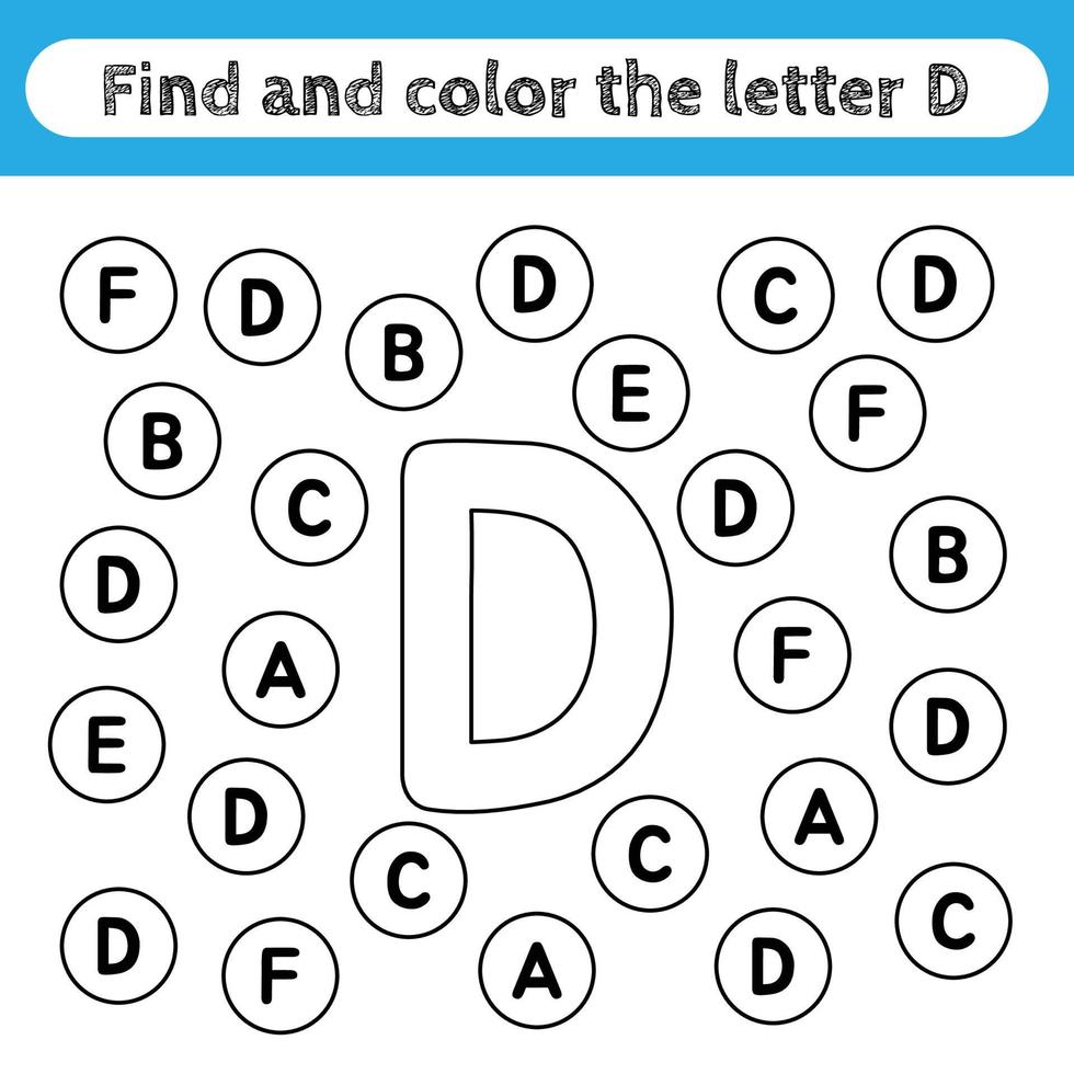 hojas de trabajo de aprendizaje para niños, encontrar y colorear letras. juego educativo para reconocer la forma del alfabeto. letra d. vector