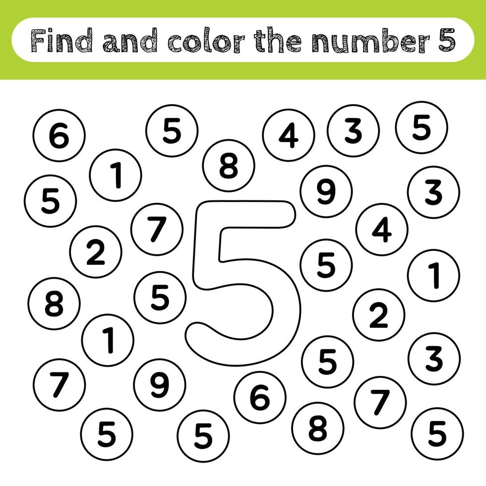 Learning worksheets for kids, find and color numbers. Educational game to recognize the shape of the number 5. vector