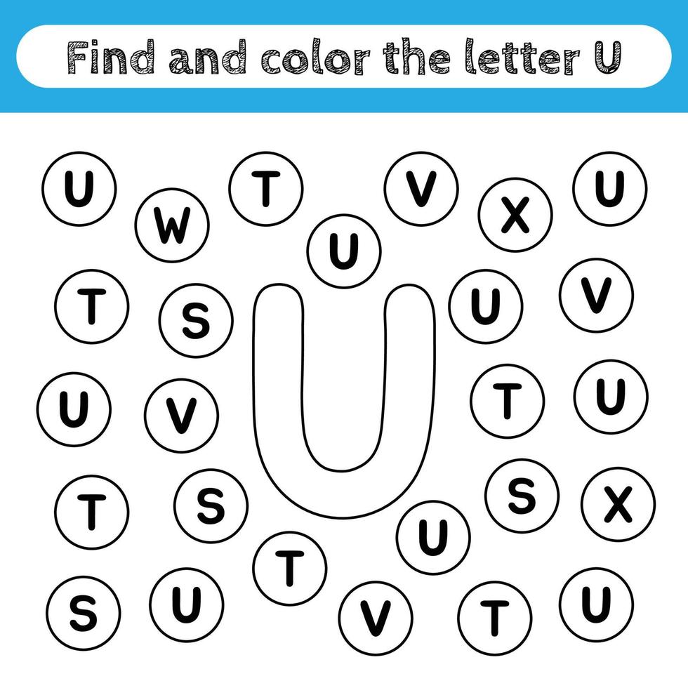 Learning worksheets for kids, find and color letters. Educational game to recognize the shape of the alphabet. Letter U. vector