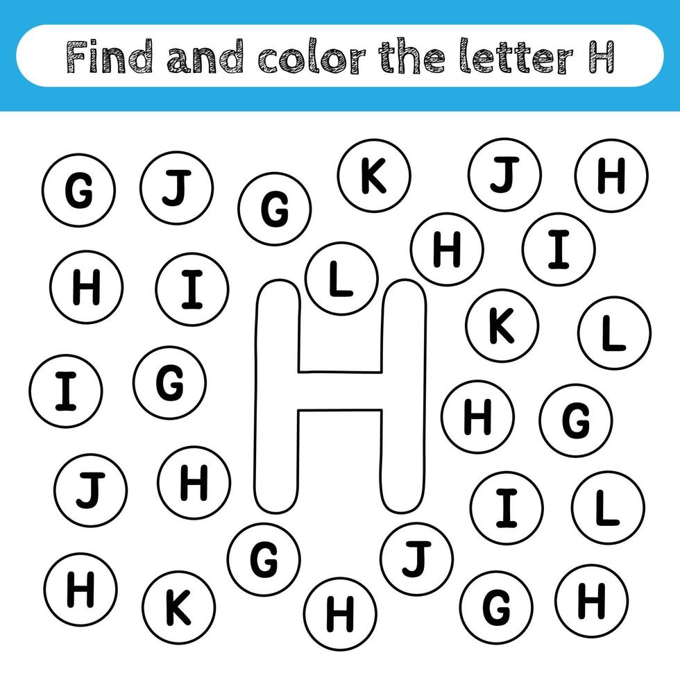 Learning worksheets for kids, find and color letters. Educational game to recognize the shape of the alphabet. Letter H. vector