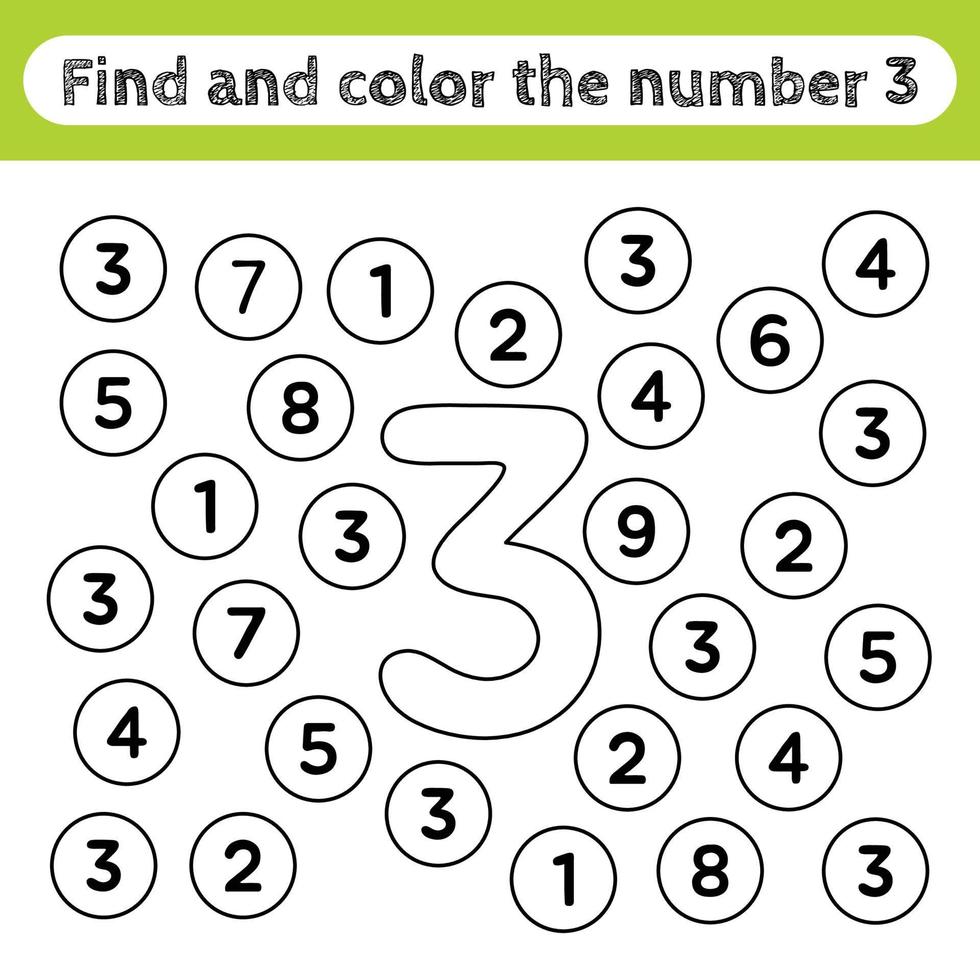 Learning worksheets for kids, find and color numbers. Educational game to recognize the shape of the number 3. vector