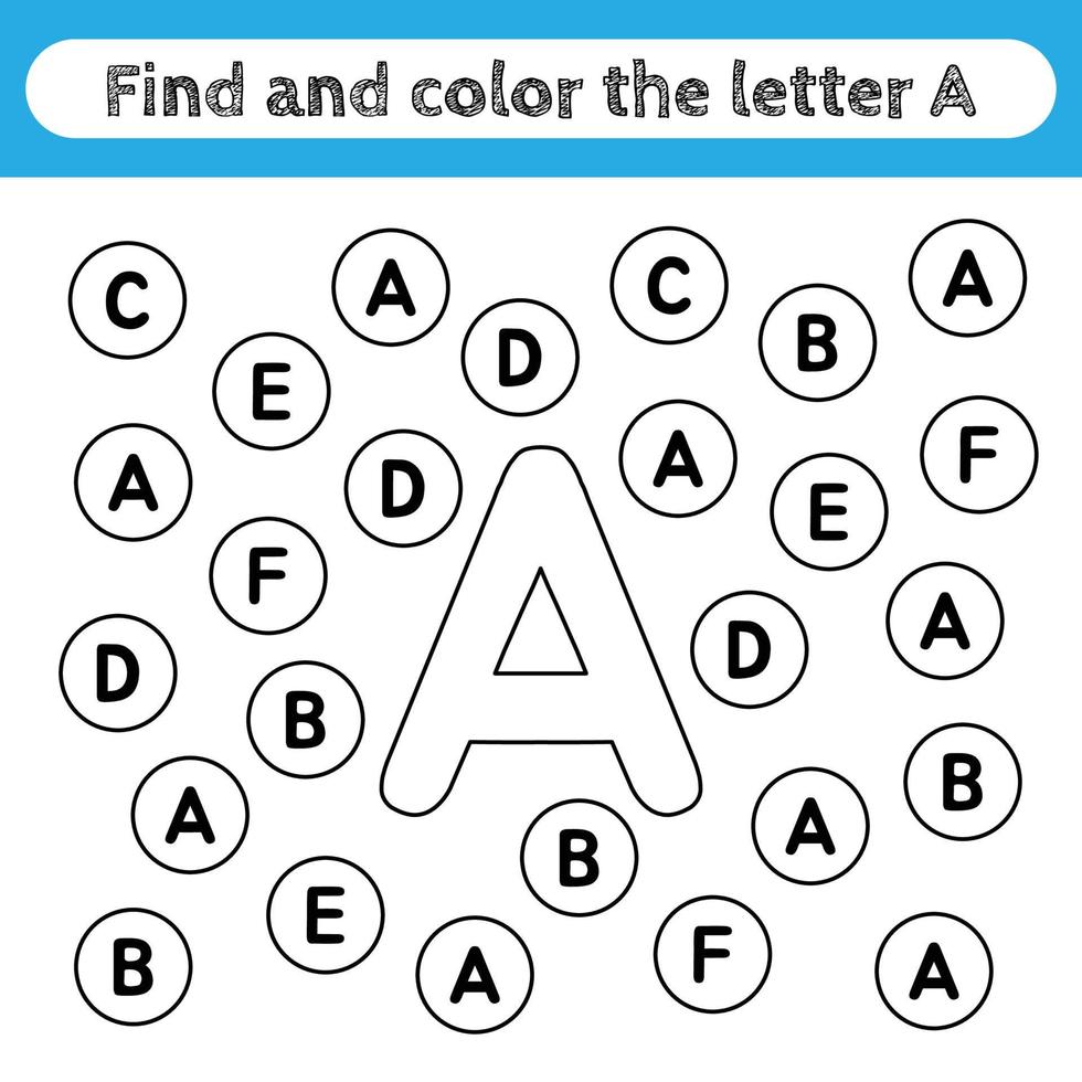 Learning worksheets for kids, find and color letters. Educational game to recognize the shape of the alphabet. Letter A. vector