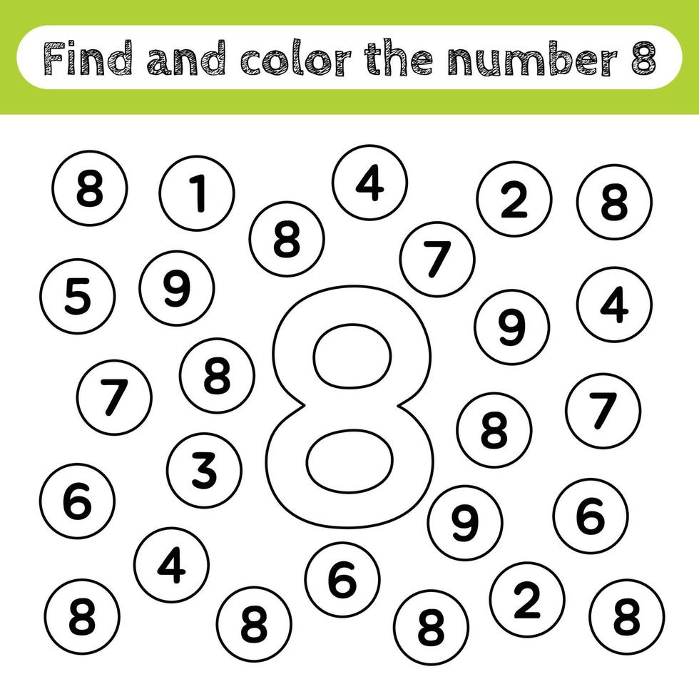 Learning worksheets for kids, find and color numbers. Educational game to recognize the shape of the number 8. vector