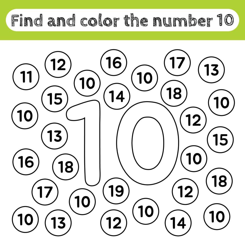 Learning worksheets for kids, find and color numbers. Educational game to recognize the shape of the number 10. vector