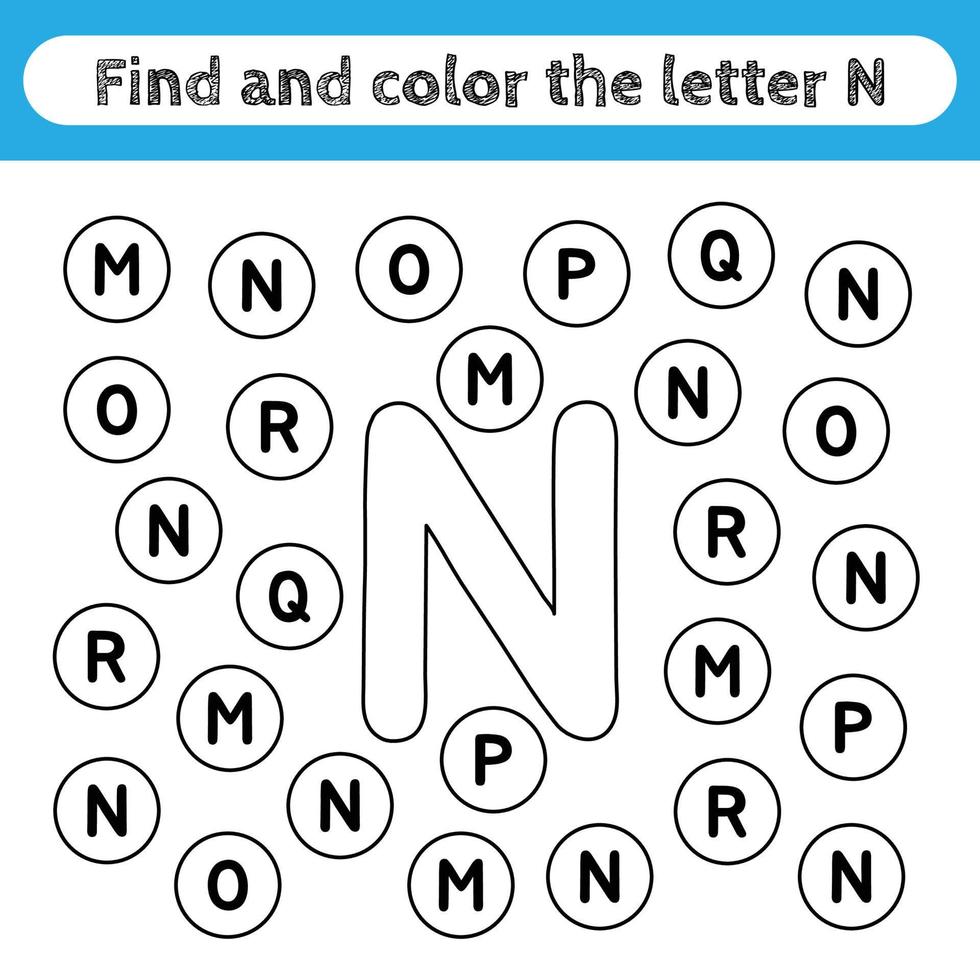Mordrin sencillo en el medio de la nada hojas de trabajo de aprendizaje para niños, encontrar y colorear letras.  juego educativo para reconocer la forma del alfabeto. letra n 5096075  Vector en Vecteezy